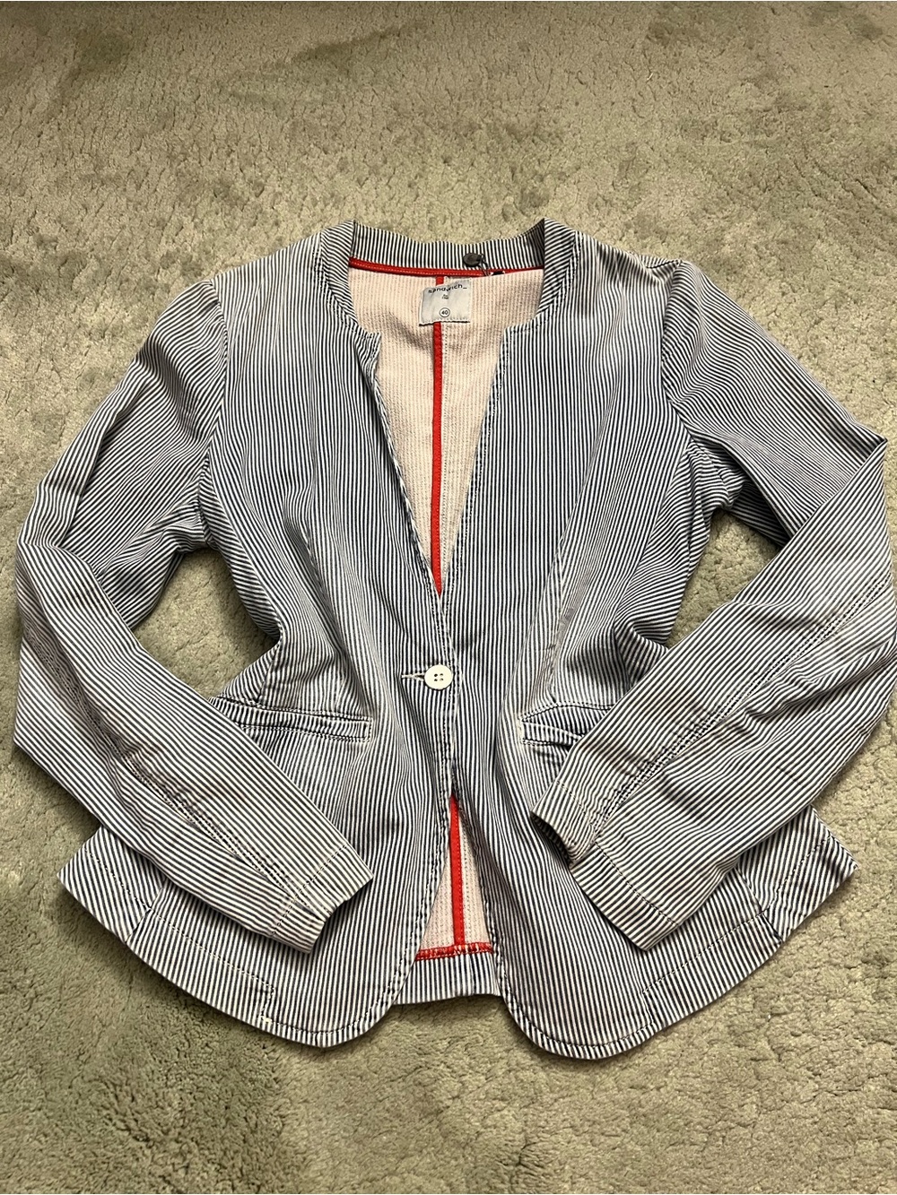 Striped Women's Single-Button Denim Blazer Jacket - Blue & White